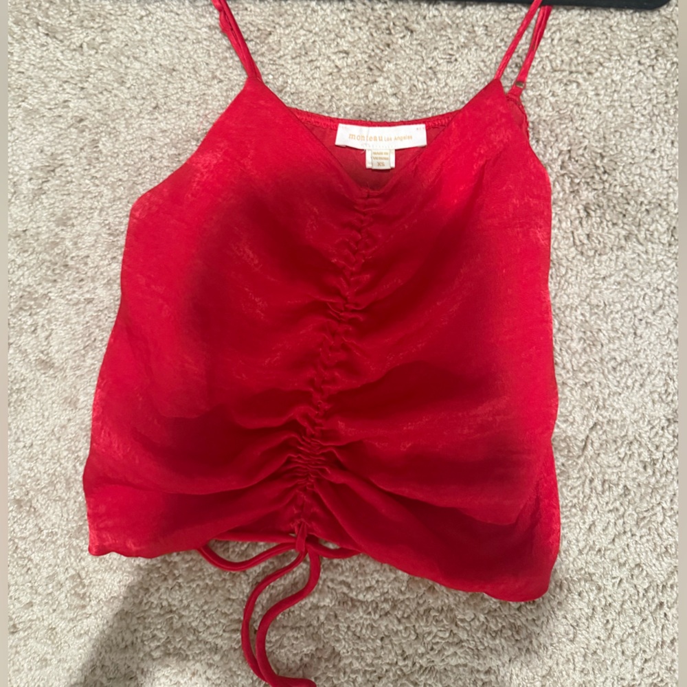 Monteau Los Angeles Red Ruched Front Spaghetti Strap Tank Top